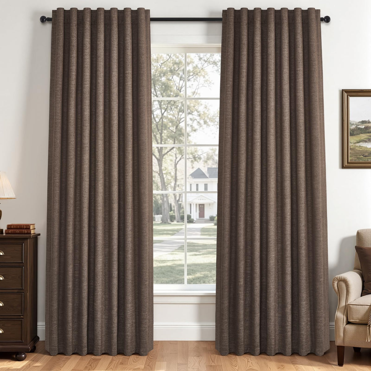 Topfinel Cream Ivory Blackout Curtains & Drapes 84 Inch Length, Beige Pinch Pleat Full Blackout Flax Linen Tab Top Soundproof Curtains with Hooks Rings for Bedroom Living Room Track 2 Panels Set
