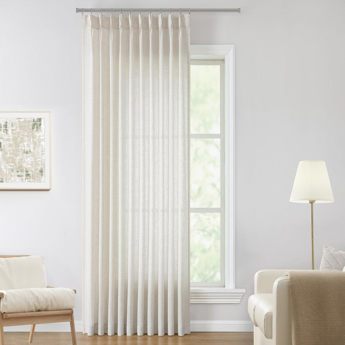 Vision Home Natural Linen Pinch Pleated Semi Sheer Curtains 42Wx90Lx2