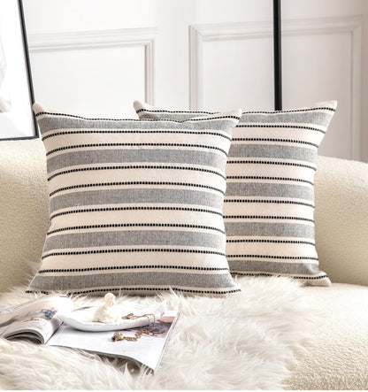 Cethom Decorative Boho Throw Pillow Covers, Farmhouse Textured Pillow Case, 18 x 18 Inch Set of 2, Chair Sofa Bedroom Living Room Home Decor Couch Cushion Case, Classic Blue and Beige Striped