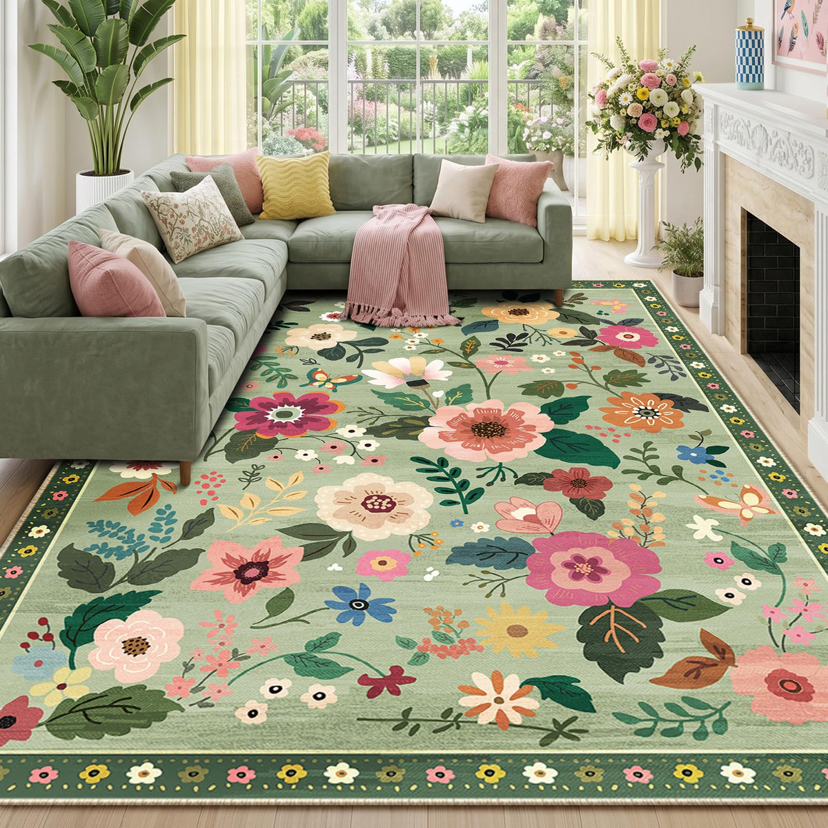 RELEANY Floral Washable 5x7 Area Rugs Pink