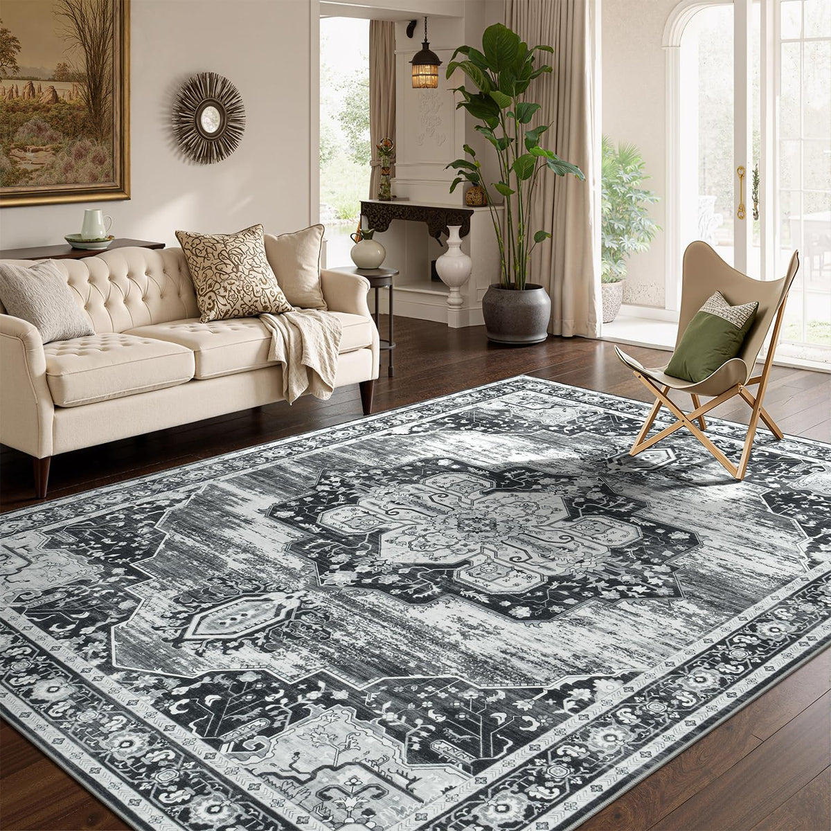 Sage Green 8x10 Area Rug for Living Room, Vintage Boho Large Carpet