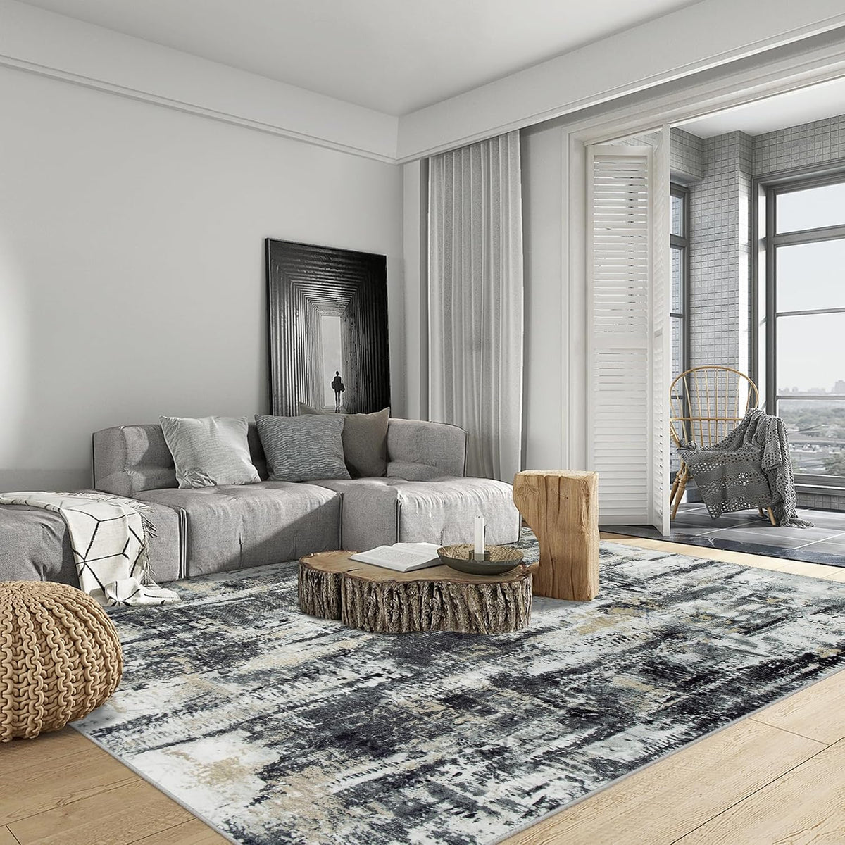 8x10 Area Rugs for Living Room: Washable Abstract Black Grey Gold Carpet