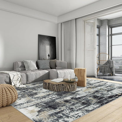 8x10 Area Rugs for Living Room: Washable Abstract Black Grey Gold Carpet