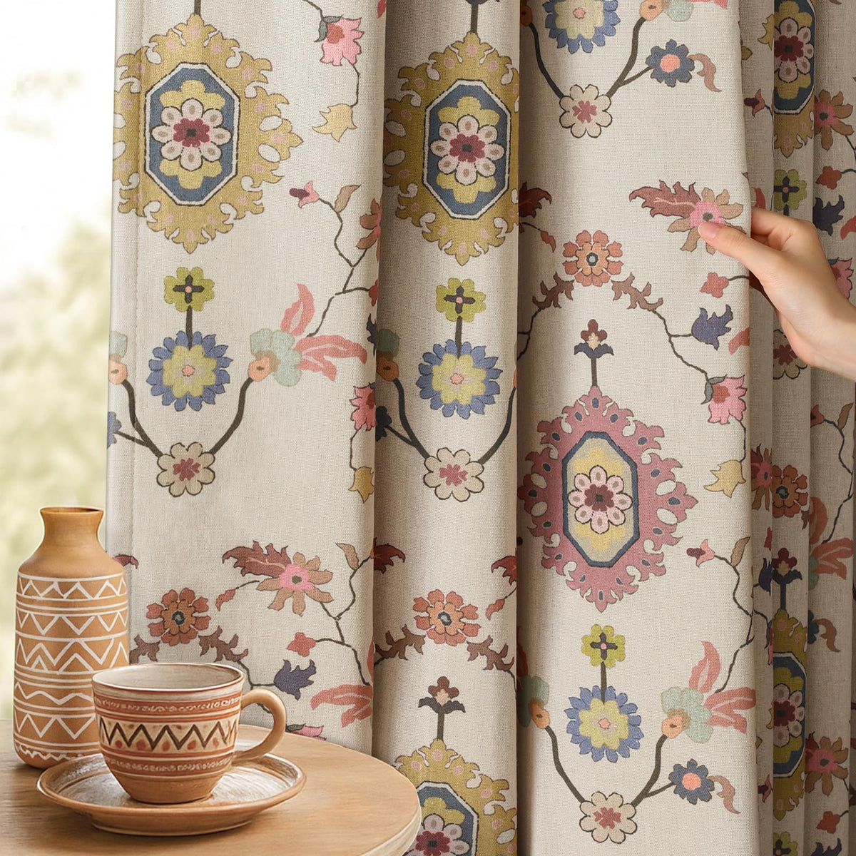 Boho Floral 100% Blackout Curtains 84 Inch 2 Panels Linen Texture