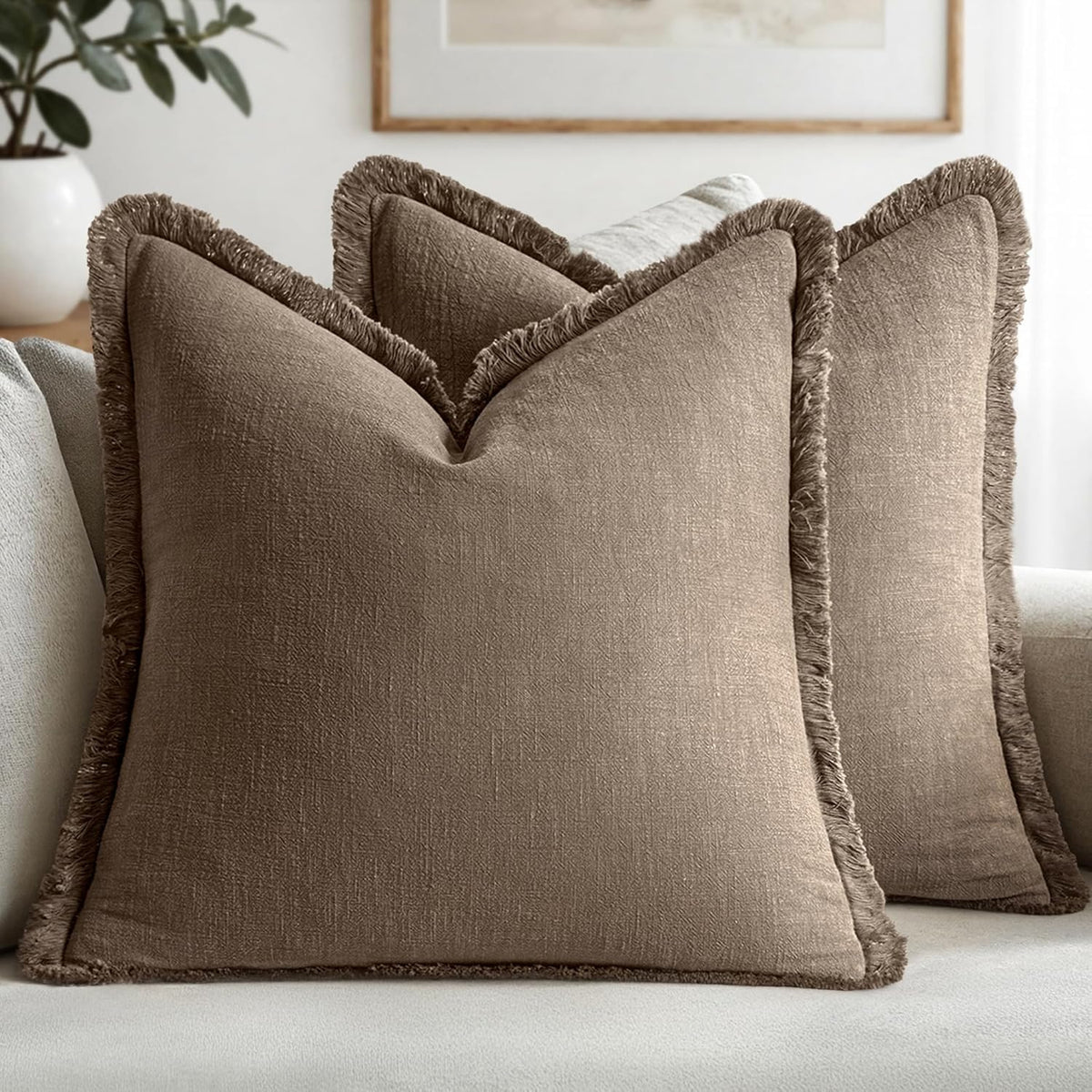 MIULEE Linen Fringe Decorative Fall Throw Pillow Covers Cocoa Brown 18x18