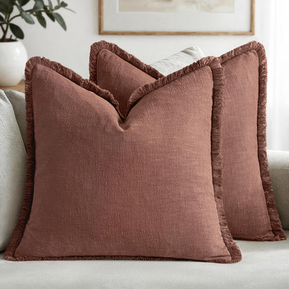 MIULEE Linen Fringe Decorative Fall Throw Pillow Covers Cocoa Brown 18x18