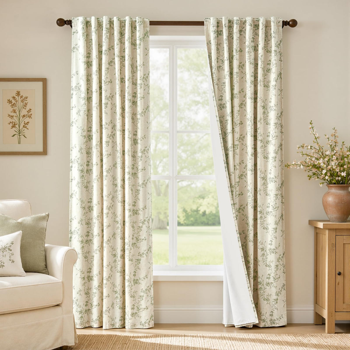 Lazzzy Taupe Vintage Floral Linen Curtains Farmhouse 50W X 84L 2 Panels