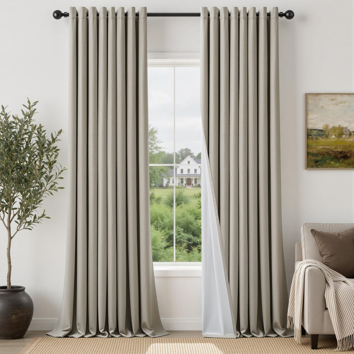 Natural Ivory 100% Blackout Grommet Linen Curtains 90 Inch Long 2 Panels