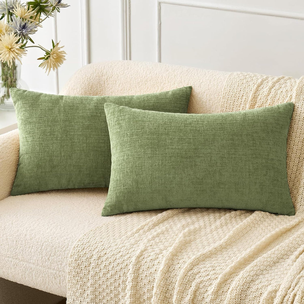 MIULEE Soft Chenille Throw Pillow Covers Sage Green 18x18 Inch Pack of 2
