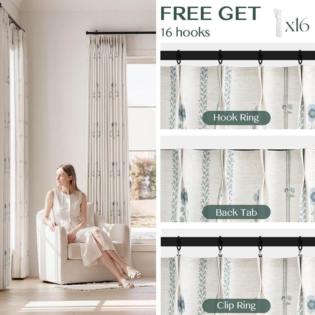 Pinch Pleated Curtains for Living Room Bedroom Dining Room - 72 Inches Light Filtering Floral Curtains Luxury Linen Drapes Farmhouse Window Curtains with Hooks - 2 Panels Set, 40" W x 72" L