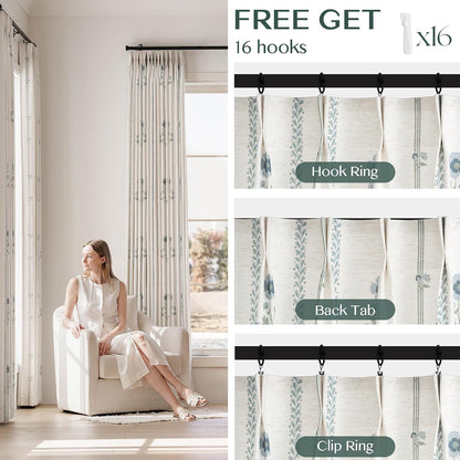 Pinch Pleated Curtains for Living Room Bedroom Dining Room - 72 Inches Light Filtering Floral Curtains Luxury Linen Drapes Farmhouse Window Curtains with Hooks - 2 Panels Set, 40" W x 72" L