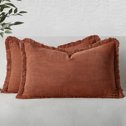MIULEE Linen Fringe Decorative Fall Throw Pillow Covers Cocoa Brown 18x18