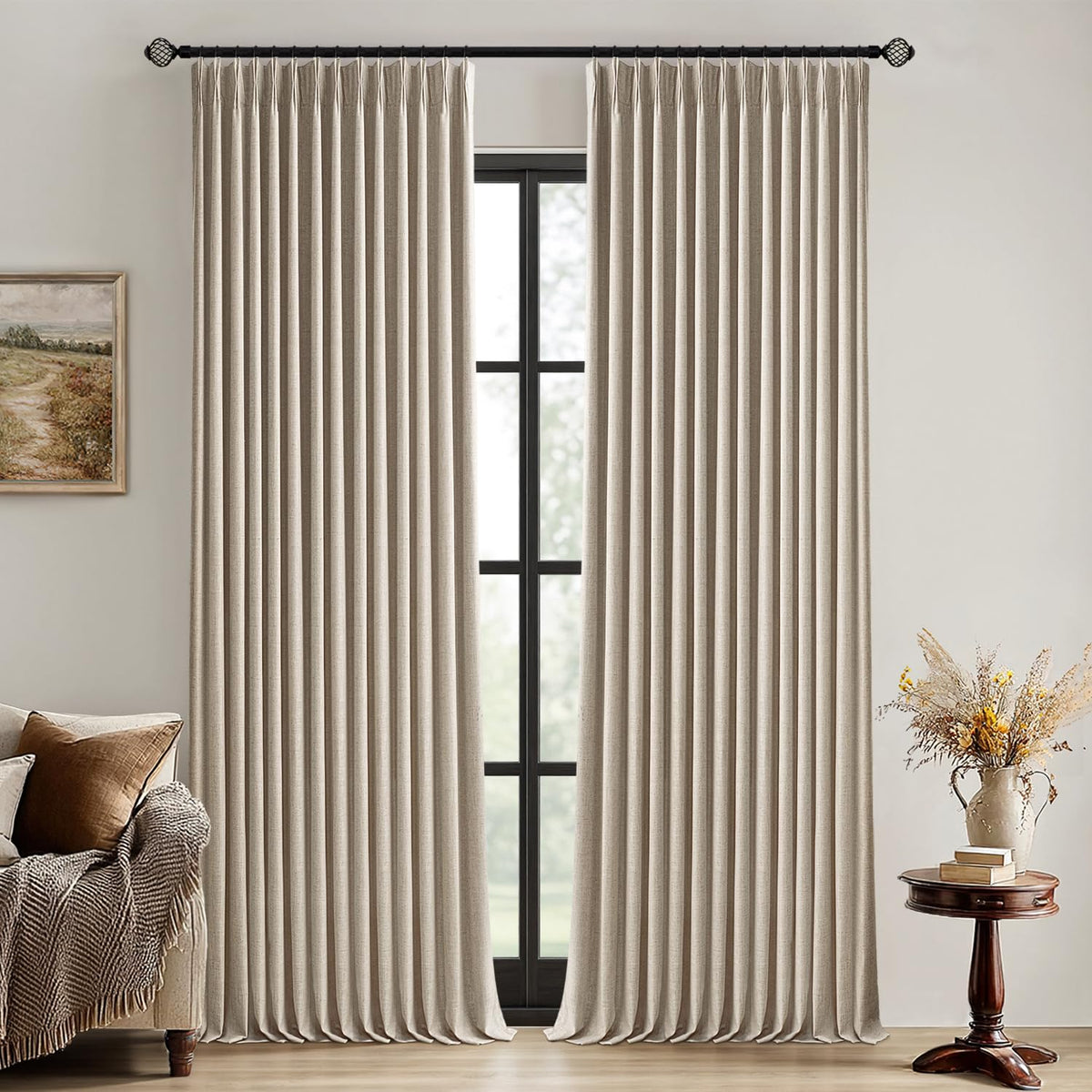 MIULEE Natural Pinch Pleated 100% Blackout Linen Curtains 40x84 Inches