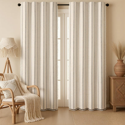 Boho 100% Blackout Curtains 84 Inch 2 Panels Linen Blend Beige