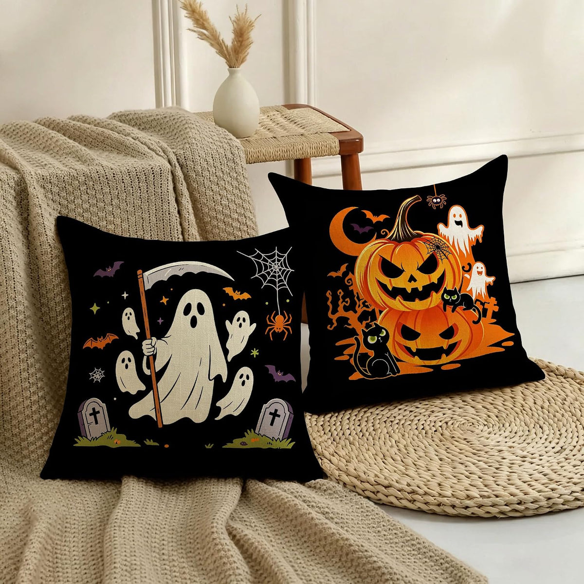 Halloween Decor Gifts Throw Pillow Covers 18x18 Set of 4 Boo Cat Ghost Pumpkin Decorative Pillow Covers Spooky Cushion Case Decoration for Famly Farmhouse Sofa Couch (Halloween)
