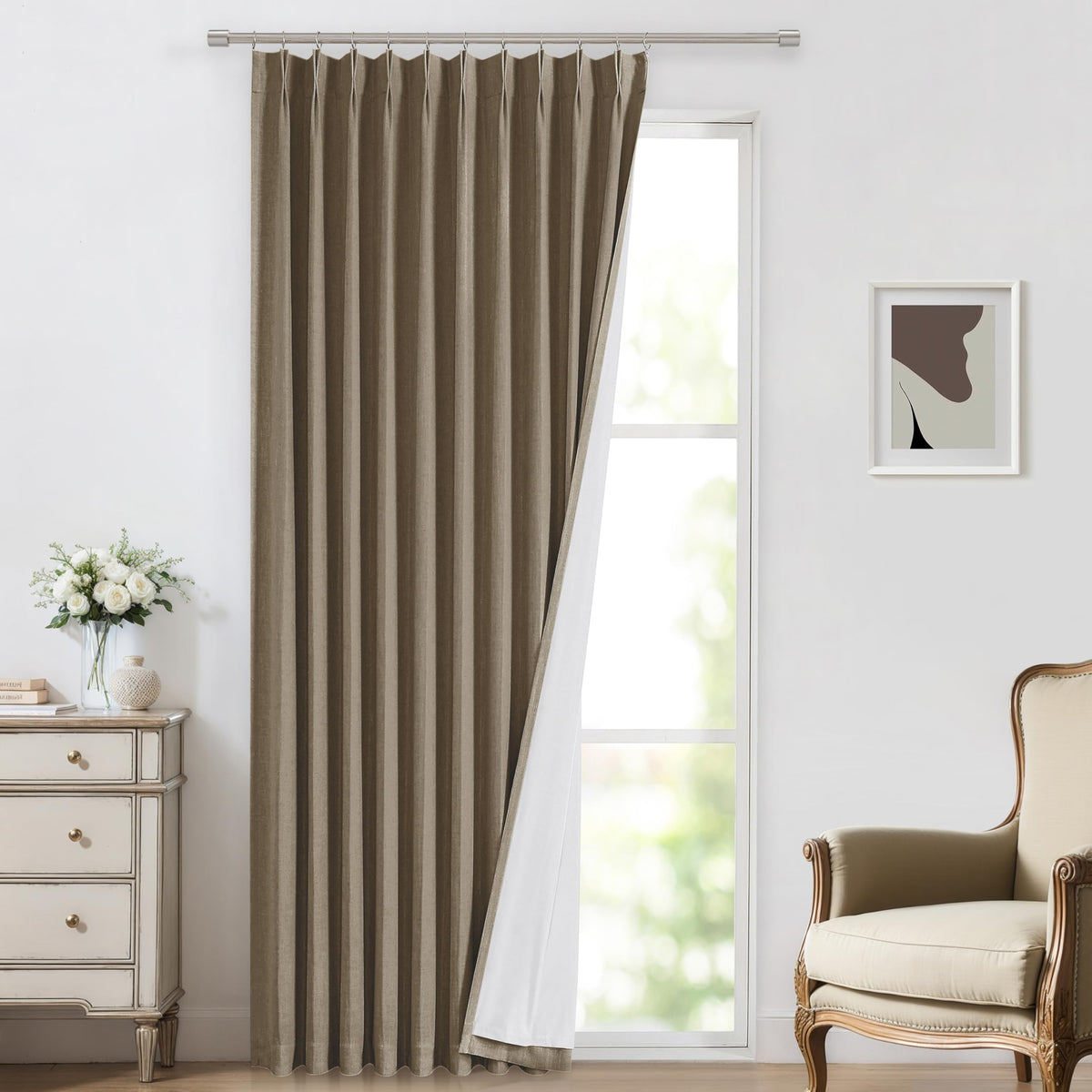 Vision Home Sand Pinch Pleated Full Blackout Curtains Linen Blended Room Darkening Window Curtains 95 inch for Living Room Bedroom Thermal Insulated Pinch Pleat Drapes with Hooks 2 Panel 40" Wx95 L