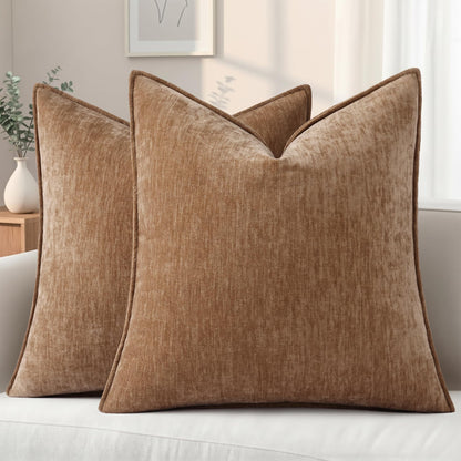 decorUhome Chenille Beige Velvet Throw Pillow Covers 18x18 Set of 2