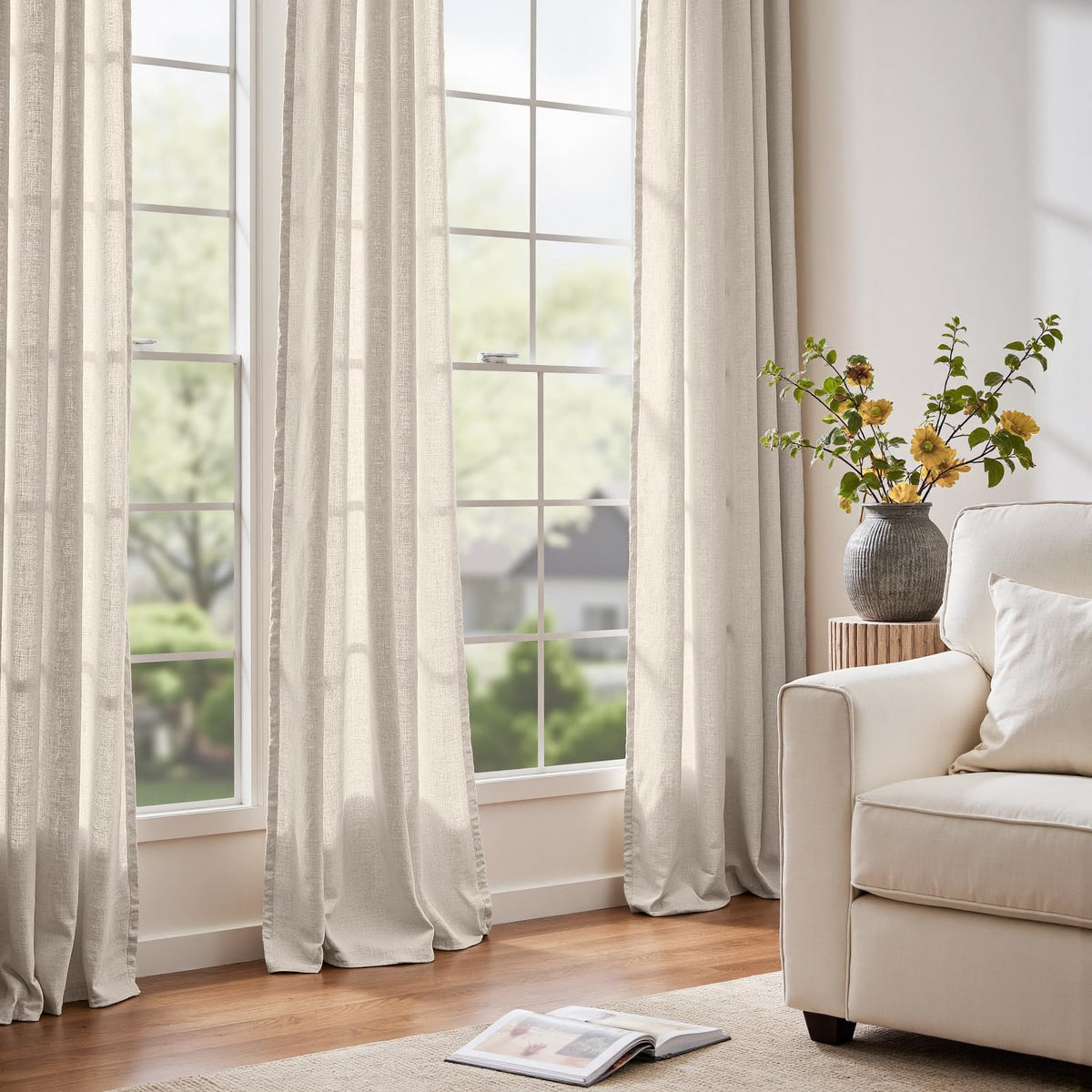 jinchan Linen Curtains Light Filtering Back Tab 50x96 Inch 2 Panels Beige