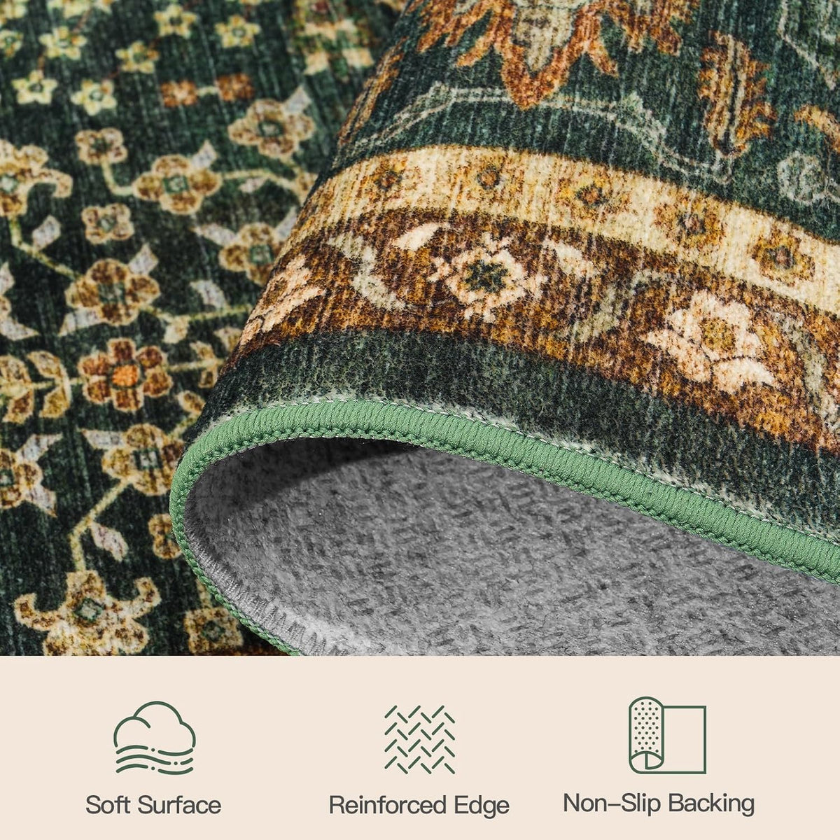 Lofus 9x12 Washable Area Rug for Living Room, Non-Slip Green Boho Carpet