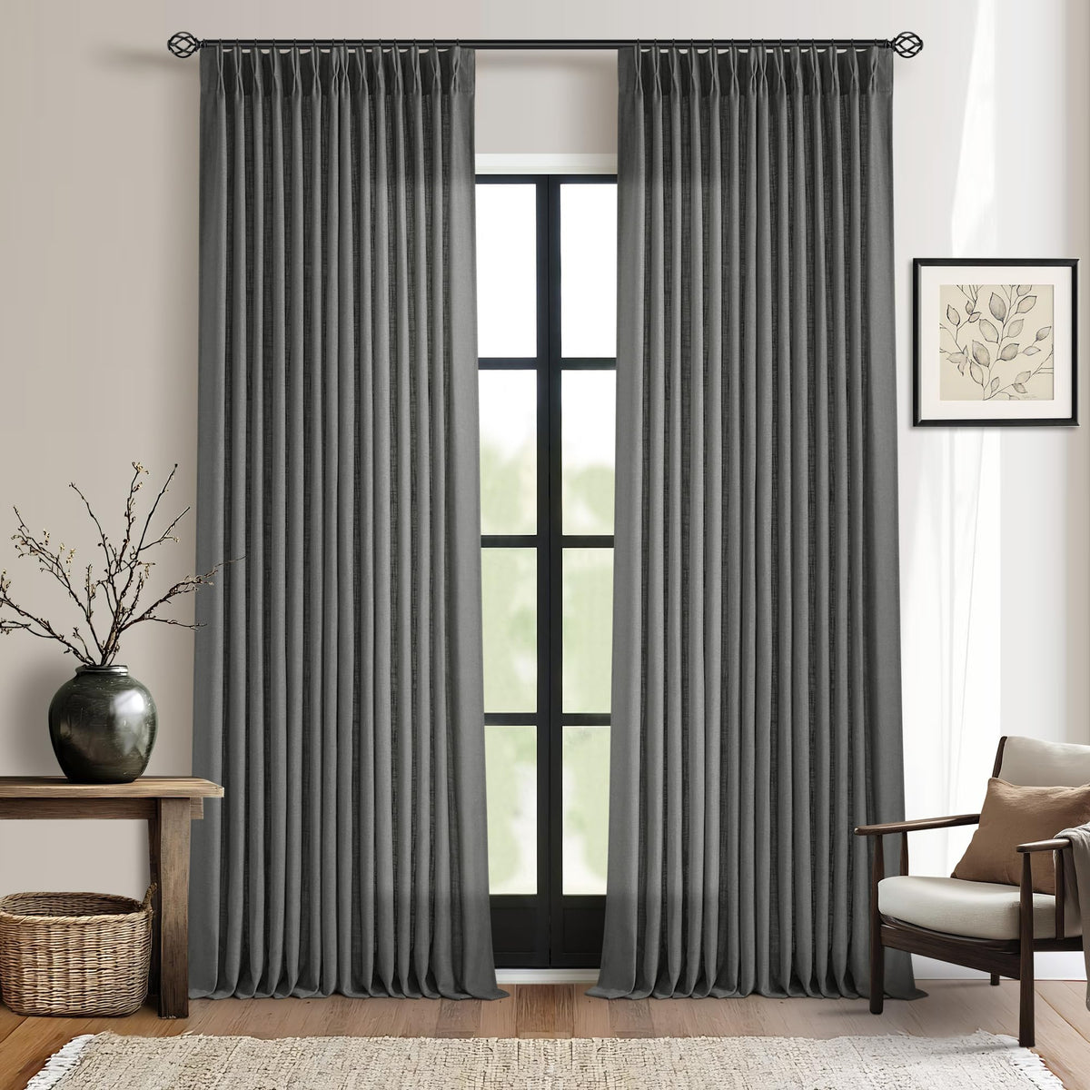 TWODRAPES Natural Pinch Pleated Linen Semi Sheer 84 Inch Curtains 2 Panels