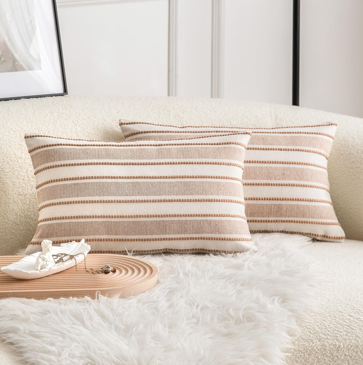 Cethom Decorative Boho Throw Pillow Covers, Farmhouse Textured Pillow Case, 18 x 18 Inch Set of 2, Chair Sofa Bedroom Living Room Home Decor Couch Cushion Case, Classic Blue and Beige Striped