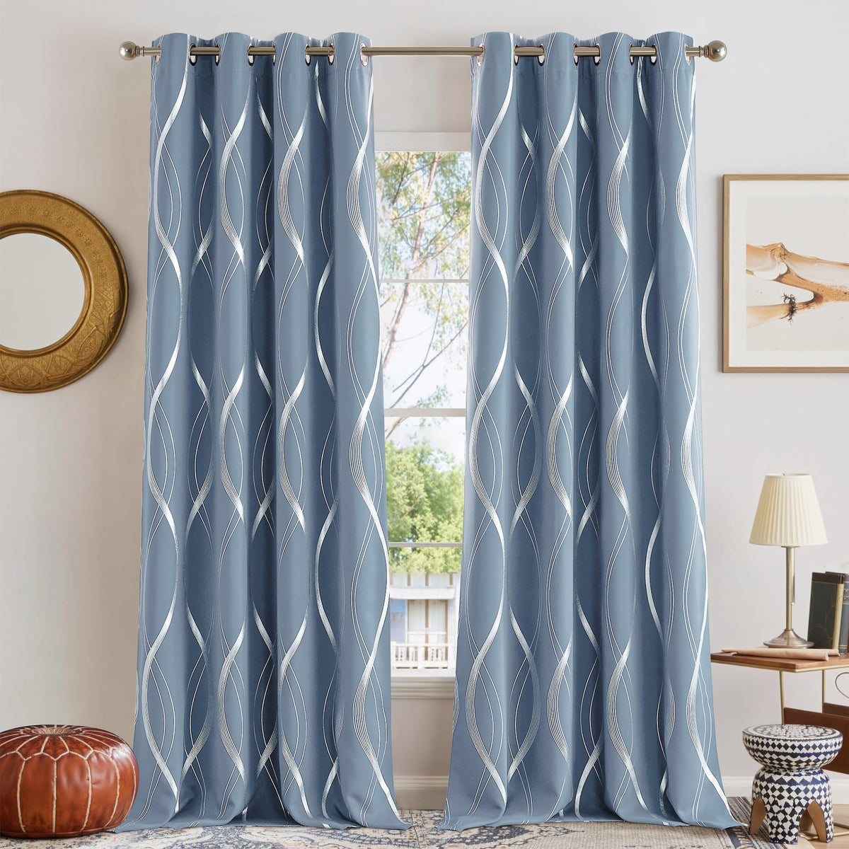 NICETOWN Grey Blackout Striped Pattern Curtains for Living Room, 52 x 84