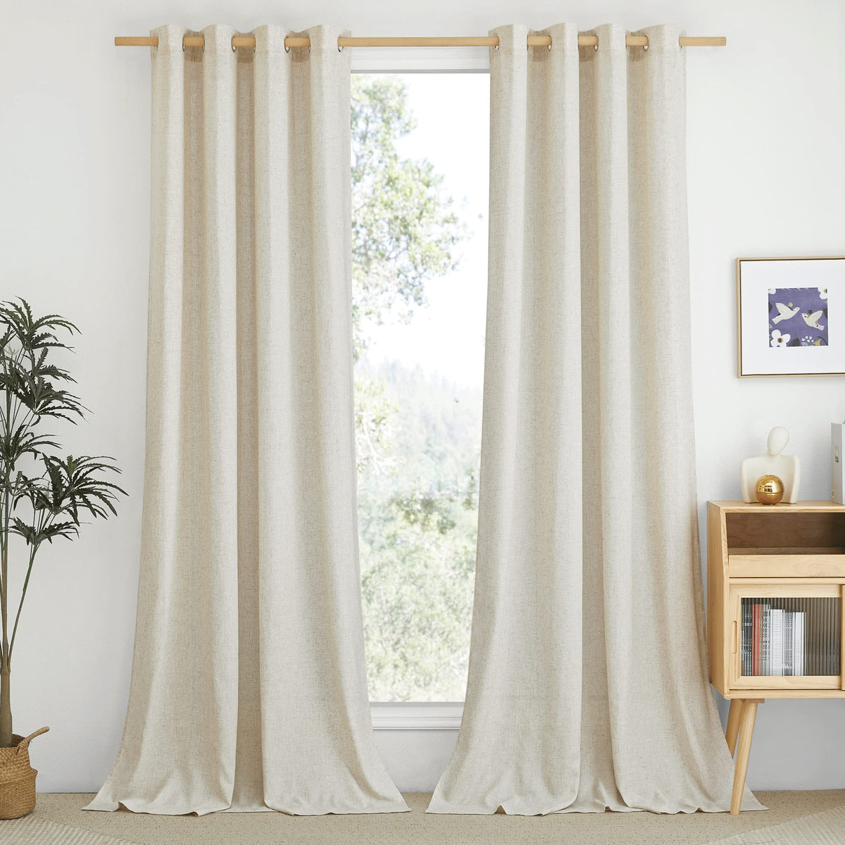 NICETOWN Natural Linen Curtains 84 inch Long 2 Panels Set, Grommet Top Thick Linen Burlap Semi Sheer Vertical Drapes Privacy Assured with Light Filtering for Bedroom/Living Room, W55 x L84