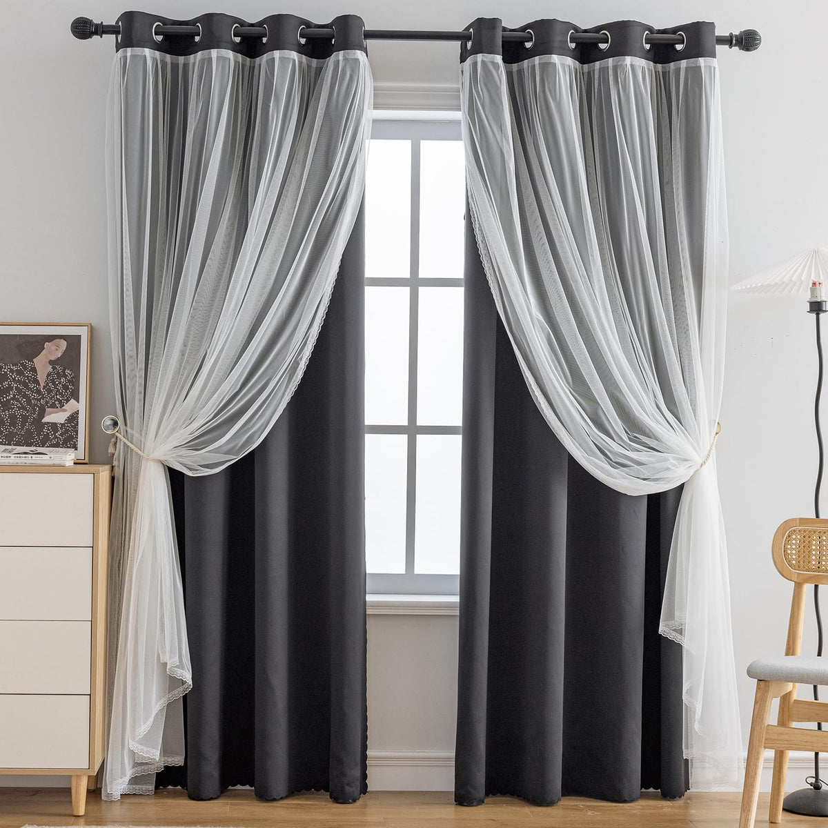 Anytime Double Layer Blackout Curtains 2 Panels，52Wx84L，Greyish White