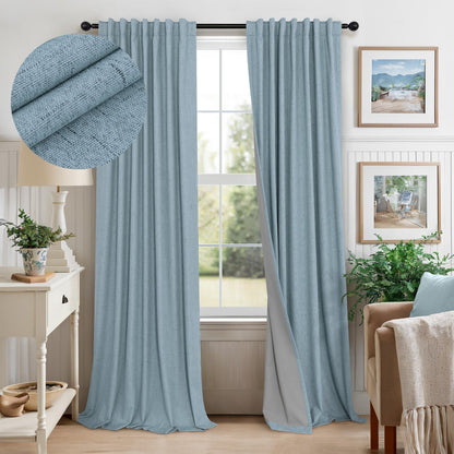 100% Blackout Curtains 84 Inch Length 2 Panels Set Neutral Boho Linen Farmhouse for Bedroom Windows Living Room Darkening Thermal Insulated Drapes Natural Cream Ivory 7ft Long Back Tab Pleated Pocket