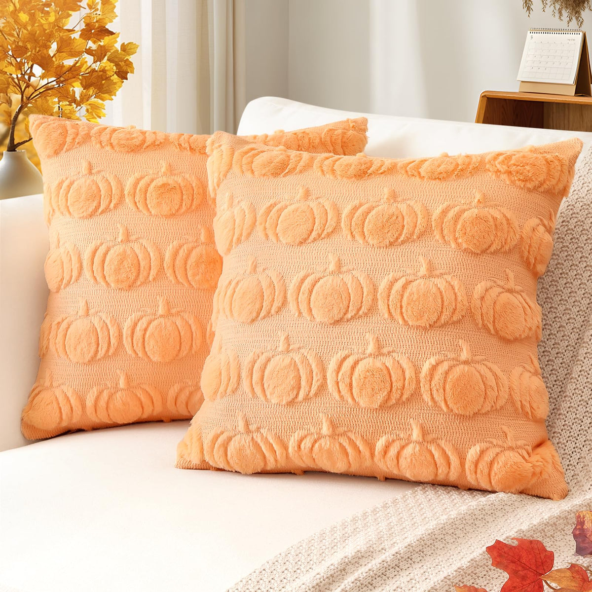 Artscope Fall Pillow Covers 18 x 18 Set of 2 Decorative Autumn Harvest Holiday Pumpkin Throw Pillow Cases Soft Plush Faux Fur Couch Cushion Case for Farmhouse Halloween Sofa Bed Room Home Decor-Rust