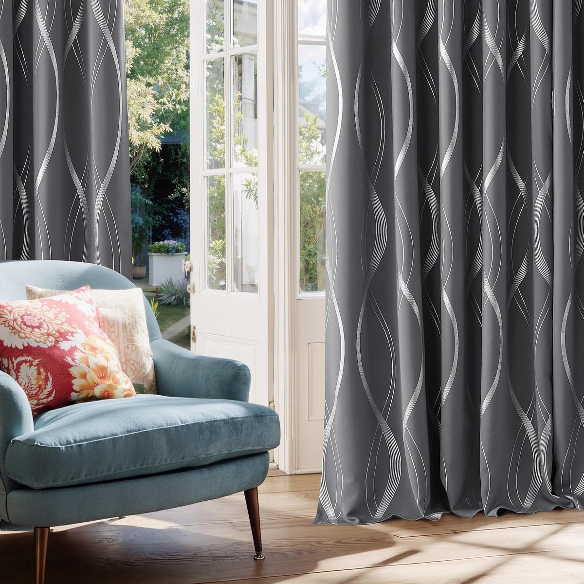 NICETOWN Grey Blackout Striped Pattern Curtains for Living Room, 52 x 84