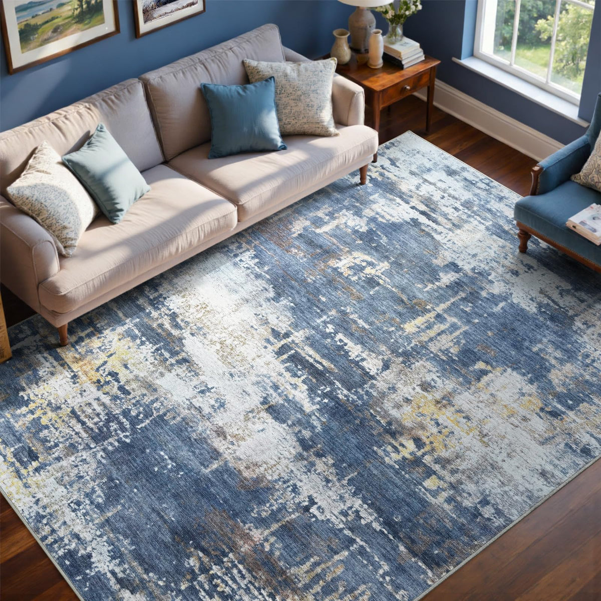 6x9 Ft Abstract Washable Area Rugs for Living Room Blue