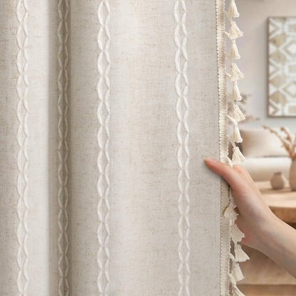 Boho 100% Blackout Curtains 84 Inch 2 Panels Linen Blend Beige