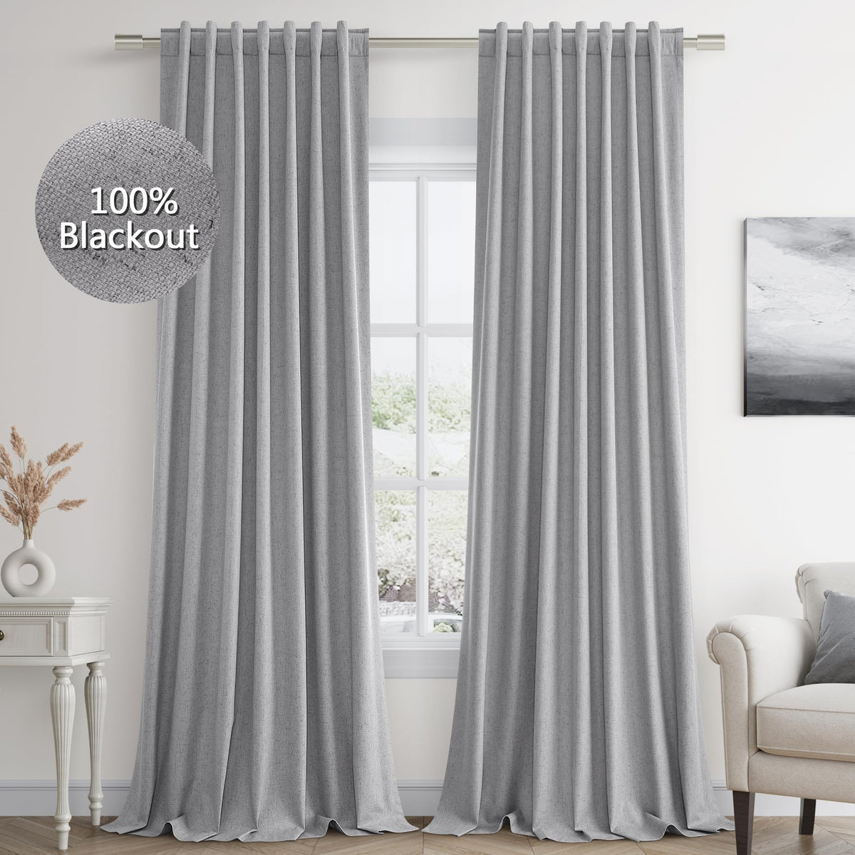Guken Cream Linen Blackout Curtains 84 Inch Length 2 Panels Set for Living Room Bedroom Back Tab Thermal Insulated 100% Black Out Drapes Room Darkening Window Curtain Ivory Natural Beige