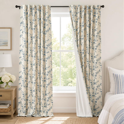 Lazzzy Taupe Vintage Floral Linen Curtains Farmhouse 50W X 84L 2 Panels