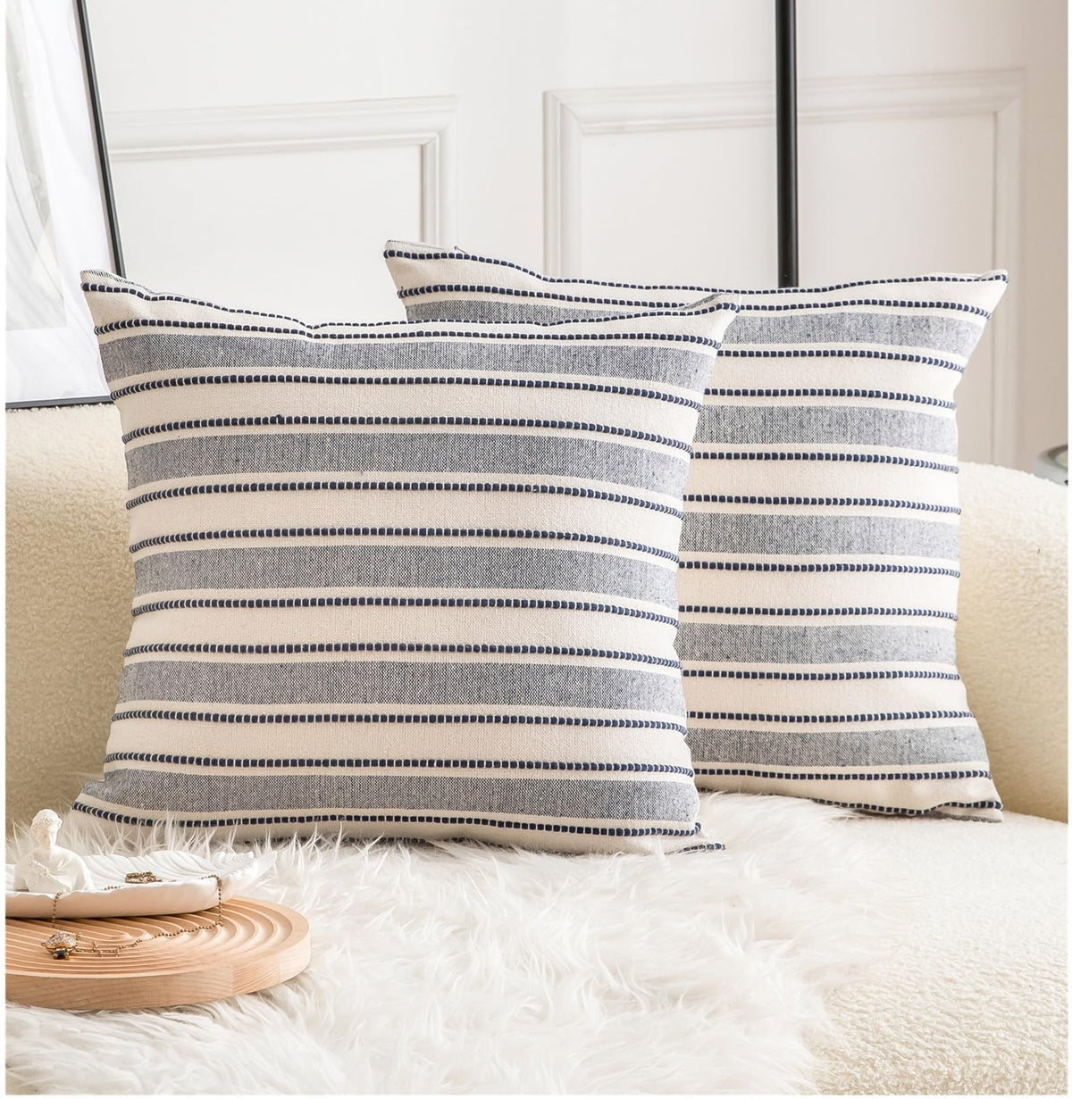 Cethom Decorative Boho Throw Pillow Covers, Farmhouse Textured Pillow Case, 18 x 18 Inch Set of 2, Chair Sofa Bedroom Living Room Home Decor Couch Cushion Case, Classic Blue and Beige Striped