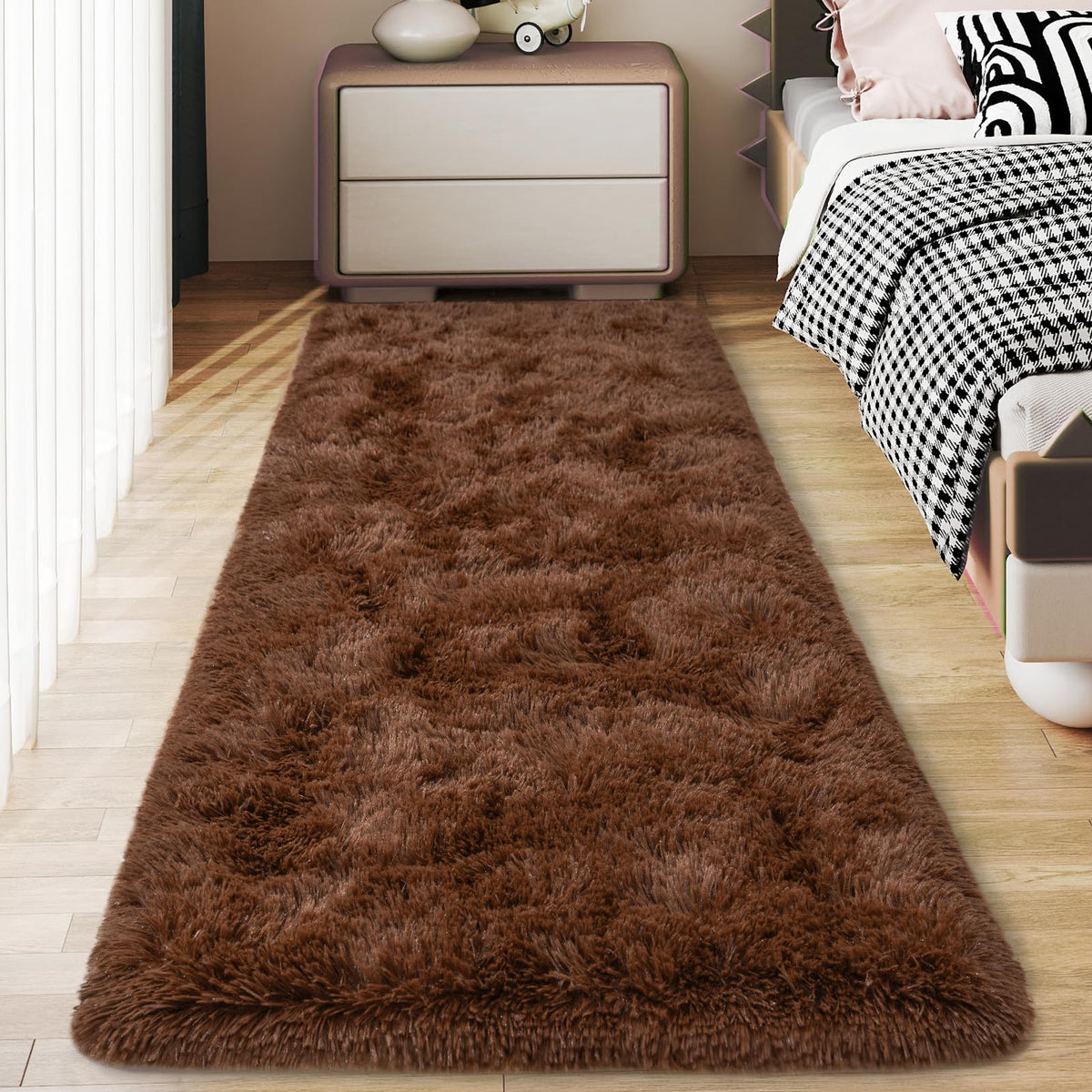 Ultra Soft Runner Rugs for Bedroom Hallways with Upgraded Non-Slip Rubber Backing & Thick Memory Sponge, 2x6 Feet Fluffy Shag Throw Area Rug for Bedside Dorm Dark Grey