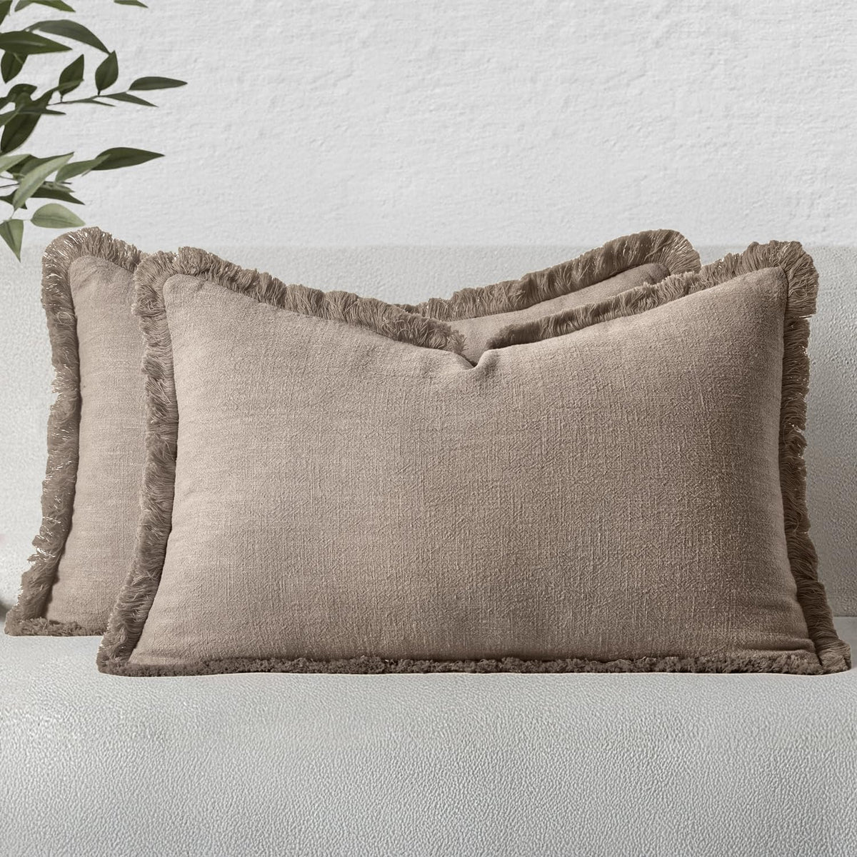 MIULEE Linen Fringe Decorative Fall Throw Pillow Covers Cocoa Brown 18x18