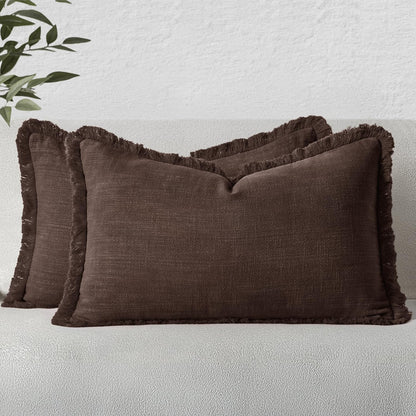 MIULEE Linen Fringe Decorative Fall Throw Pillow Covers Cocoa Brown 18x18