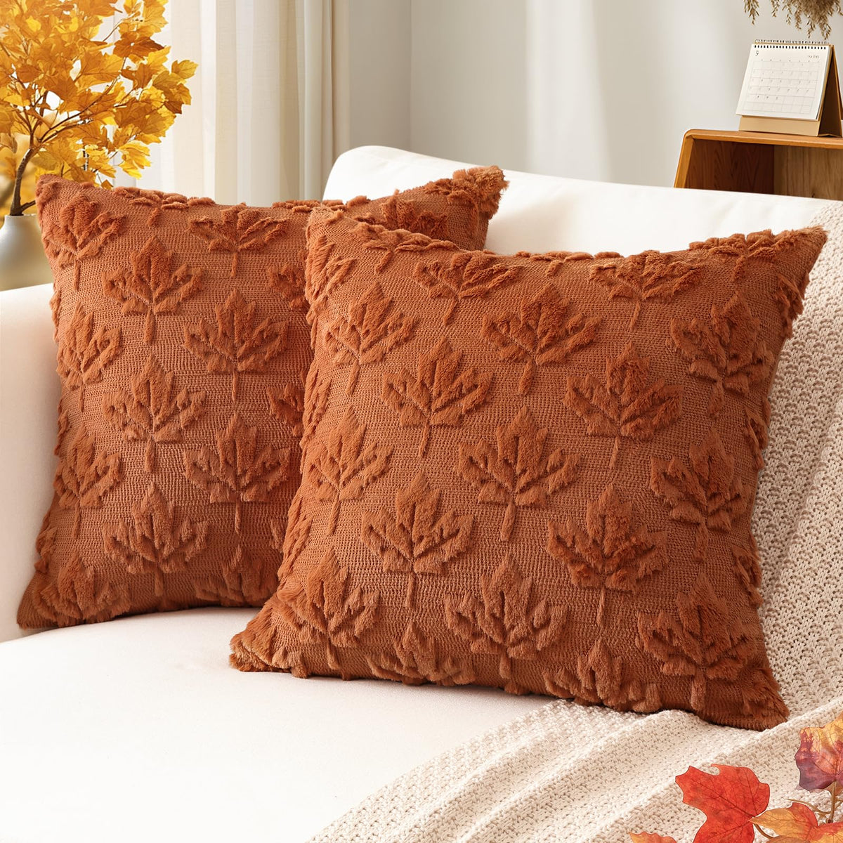 Artscope Fall Pillow Covers 18 x 18 Set of 2 Decorative Autumn Harvest Holiday Pumpkin Throw Pillow Cases Soft Plush Faux Fur Couch Cushion Case for Farmhouse Halloween Sofa Bed Room Home Decor-Rust