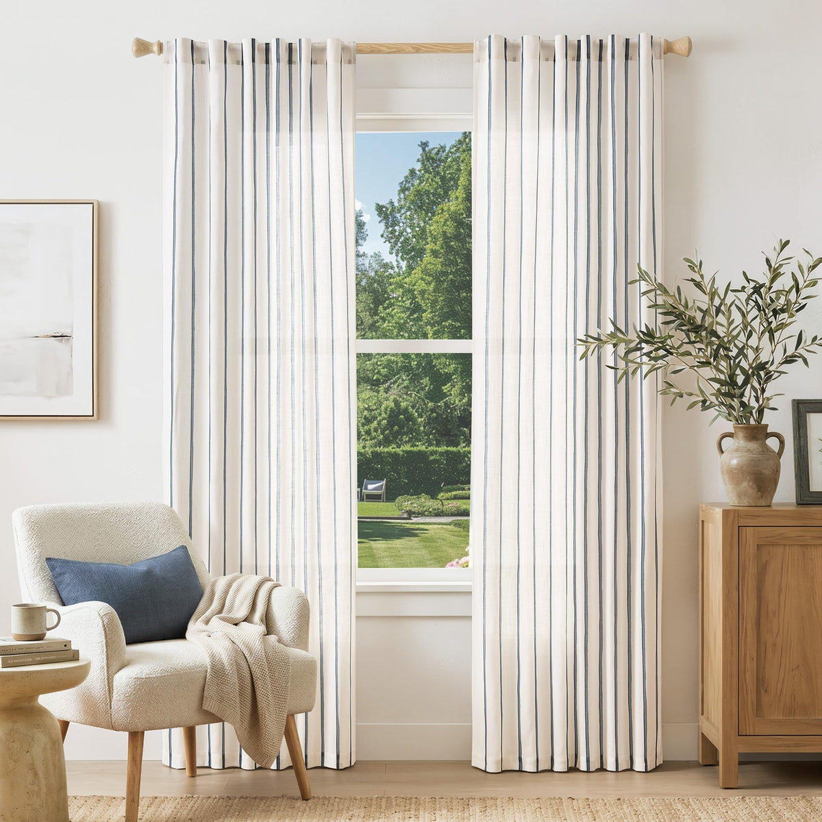 Vangao Linen Curtains for Living Room, Striped Blue Curtains 84L, 2 Panels