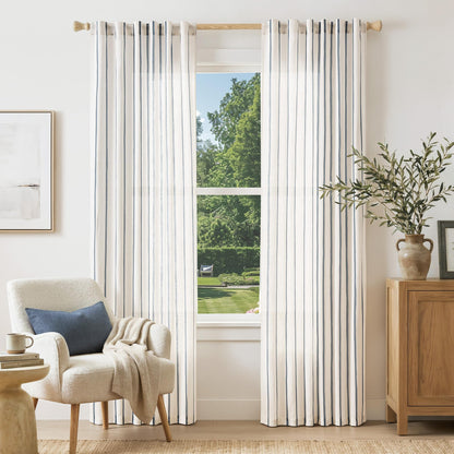 Vangao Linen Curtains for Living Room, Striped Blue Curtains 84L, 2 Panels