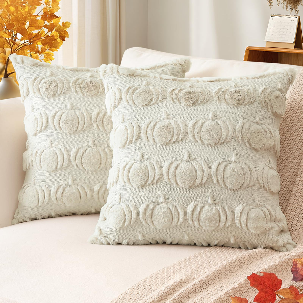 Artscope Fall Pillow Covers 18 x 18 Set of 2 Decorative Autumn Harvest Holiday Pumpkin Throw Pillow Cases Soft Plush Faux Fur Couch Cushion Case for Farmhouse Halloween Sofa Bed Room Home Decor-Rust