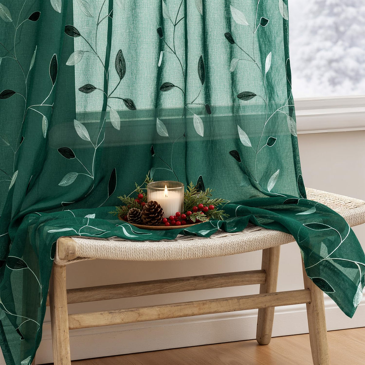 MIULEE Sage Green Sheer Curtains 2 Panels Leaf Patterned, W52 x L84