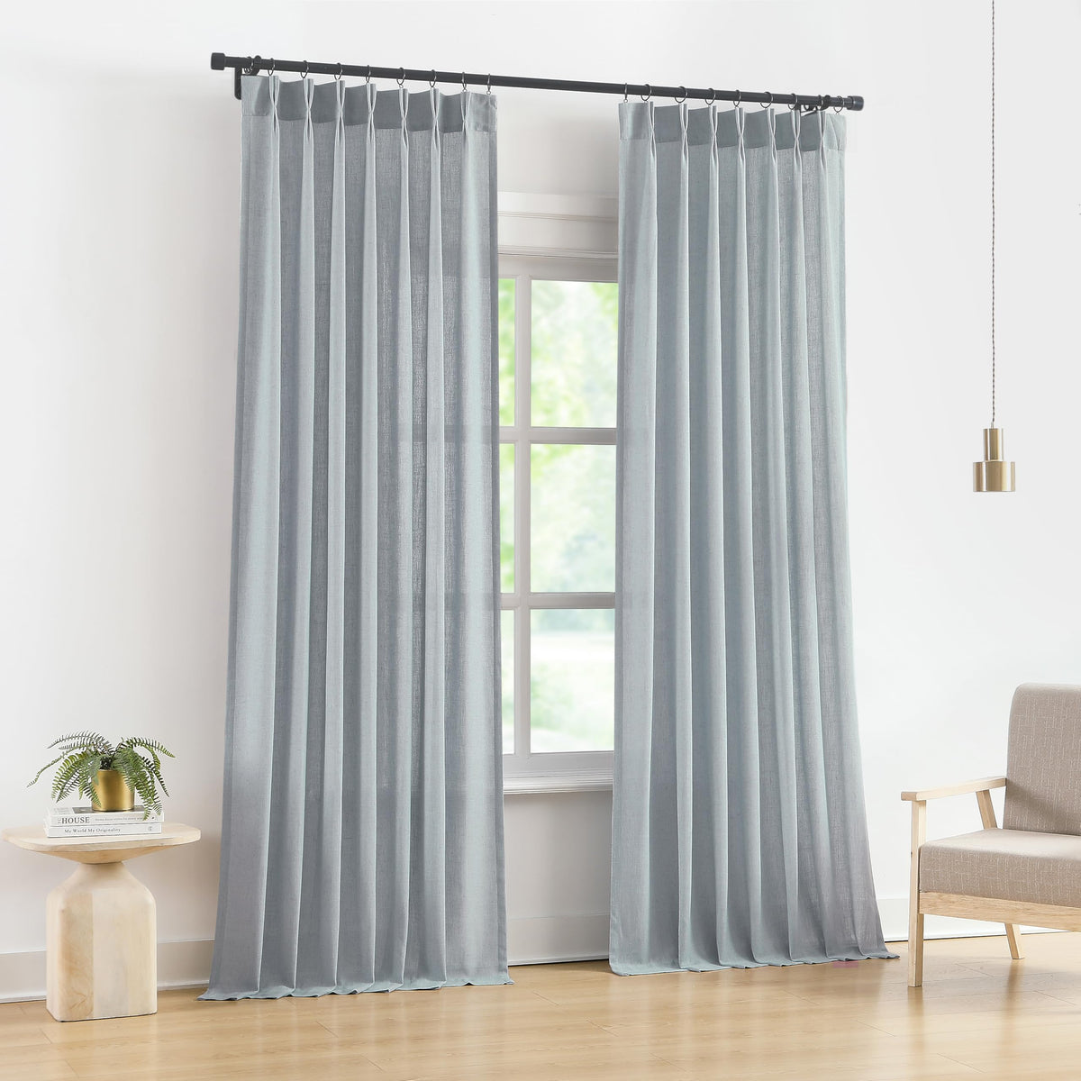 Vision Home Natural Linen Pinch Pleated Semi Sheer Curtains 42Wx90Lx2