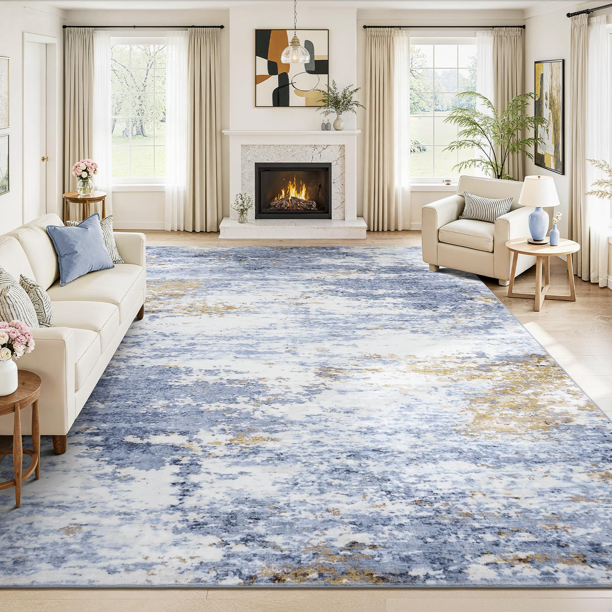 8x10 Area Rug for Living Room, Abstract Washable Non-Slip Large Rugs, Gold