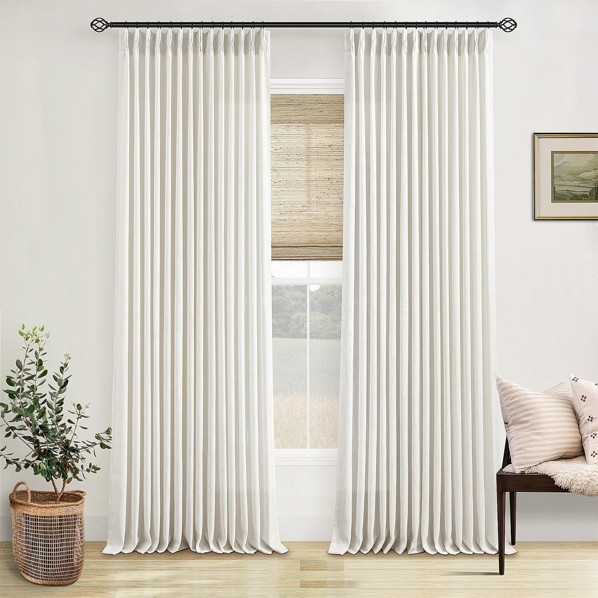 TWODRAPES Natural Pinch Pleated Linen Semi Sheer 84 Inch Curtains 2 Panels