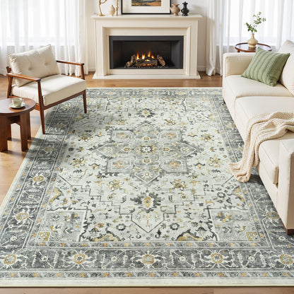 Sage Green 8x10 Area Rug for Living Room, Vintage Boho Large Carpet