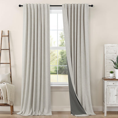 100% Blackout Curtains 84 Inch Length 2 Panels Set Neutral Boho Linen Farmhouse for Bedroom Windows Living Room Darkening Thermal Insulated Drapes Natural Cream Ivory 7ft Long Back Tab Pleated Pocket