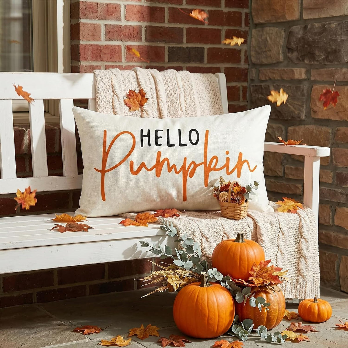 Artscope Hello Pumpkin Beige Lumbar Throw Pillow Cover 12x20 Inch Fall Decoration Cushion Cover Thanksgiving Farmhouse Pillow Case for Home Sofa Couch Decor